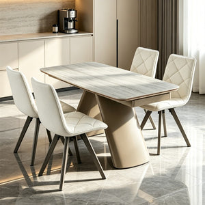 English Elm 1+6 Sintered Stone Extendable Dining Table Ivory Marble Look Seats 6 to 10 Steel Base W5630S00010