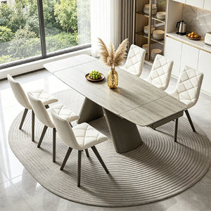 English Elm 1+6 Sintered Stone Extendable Dining Table Ivory Marble Look Seats 6 to 10 Steel Base W5630S00010
