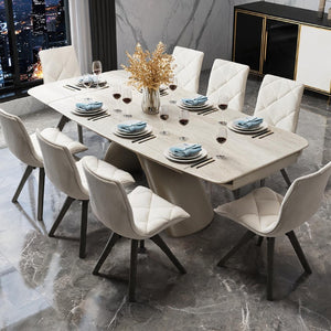 English Elm 1+6 Sintered Stone Extendable Dining Table Ivory Marble Look Seats 6 to 10 Steel Base W5630S00010