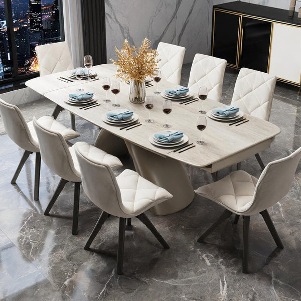 English Elm 1+6 Sintered Stone Extendable Dining Table Ivory Marble Look Seats 6 to 10 Steel Base W5630S00010