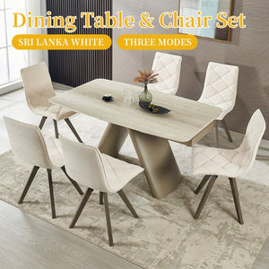 English Elm 1+6 Sintered Stone Extendable Dining Table Ivory Marble Look Seats 6 to 10 Steel Base W5630S00010