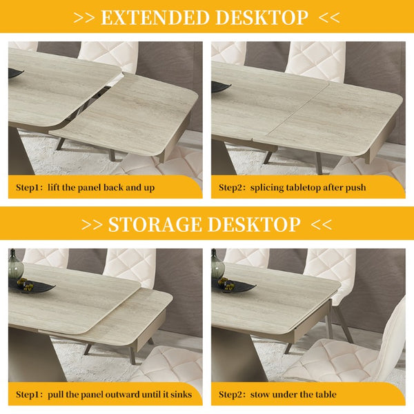 English Elm 1+6 Sintered Stone Extendable Dining Table Ivory Marble Look Seats 6 to 10 Steel Base W5630S00010