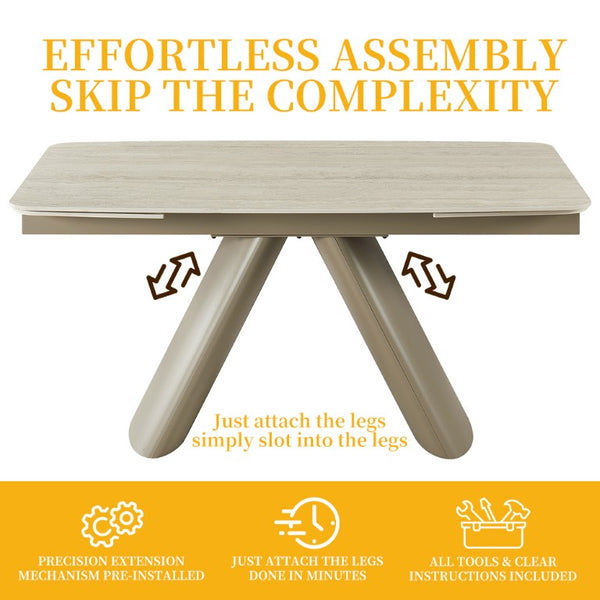 English Elm 1+6 Sintered Stone Extendable Dining Table Ivory Marble Look Seats 6 to 10 Steel Base W5630S00010