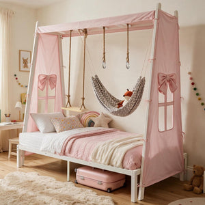 English Elm Twin Steel House Bed with Swing Hammock and Rings Playhouse Frame for Kids W5635P487821