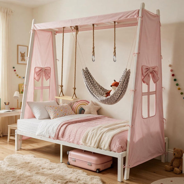 English Elm Twin Steel House Bed with Swing Hammock and Rings Playhouse Frame for Kids W5635P487821