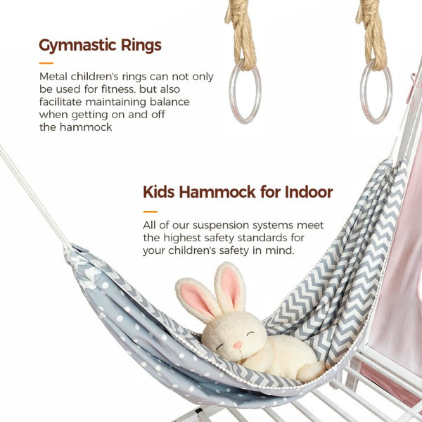 English Elm Twin Steel House Bed with Swing Hammock and Rings Playhouse Frame for Kids W5635P487821