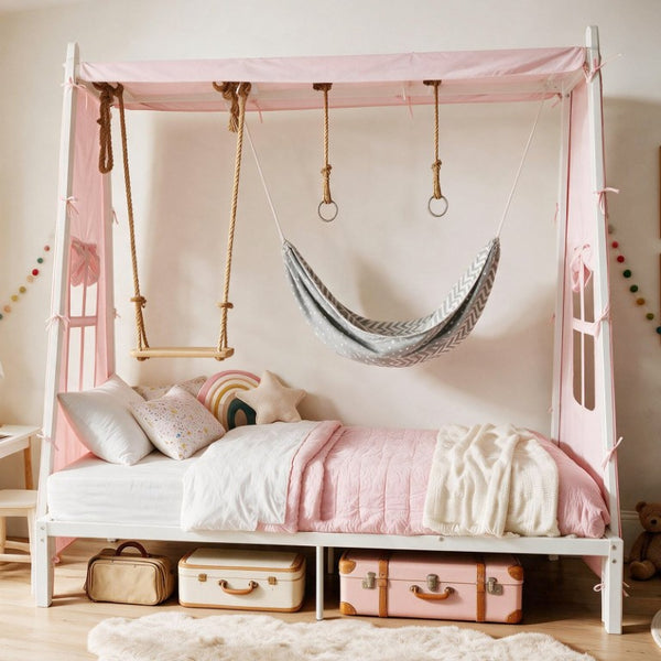 English Elm Twin Steel House Bed with Swing Hammock and Rings Playhouse Frame for Kids W5635P487821