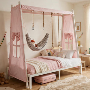 English Elm Twin Steel House Bed with Swing Hammock and Rings Playhouse Frame for Kids W5635P487821