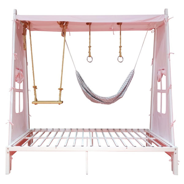 English Elm Twin Steel House Bed with Swing Hammock and Rings Playhouse Frame for Kids W5635P487821
