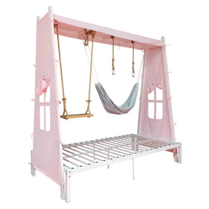 English Elm Twin Steel House Bed with Swing Hammock and Rings Playhouse Frame for Kids W5635P487821