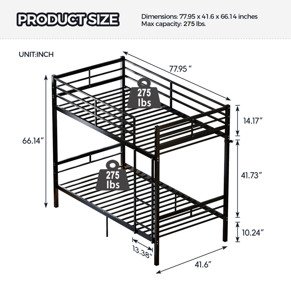 English Elm Bunk Bed Twin Over Steel Frame Convertible Split Design with Safety Guardrail W5635P491916