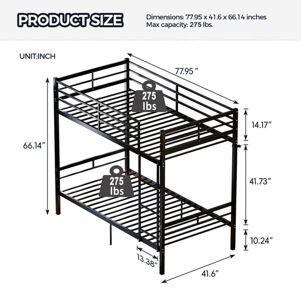 English Elm Bunk Bed Twin Over Steel Frame Convertible Split Design with Safety Guardrail W5635P491916