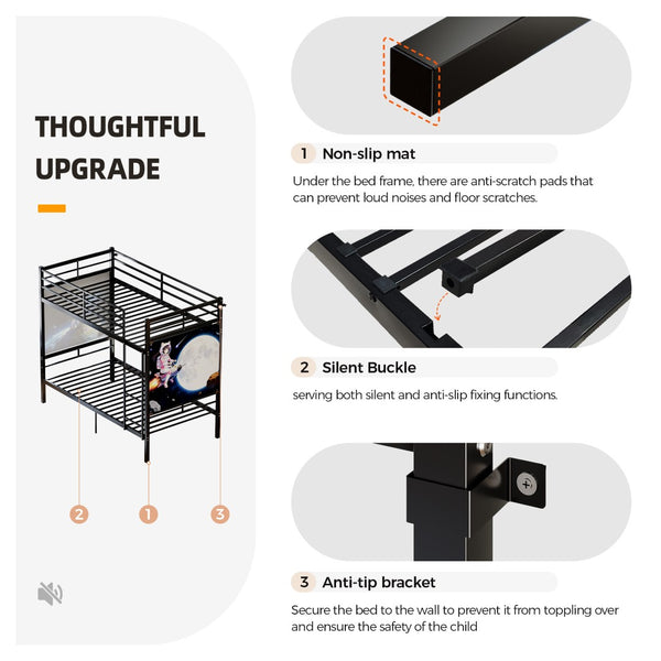 English Elm Bunk Bed Twin Over Iron Frame Convertible Kids Guest Room Matte Black W5635P492099