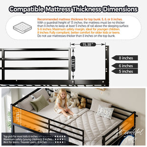 English Elm Bunk Bed Twin Over Iron Frame Convertible Kids Guest Room Matte Black W5635P492099