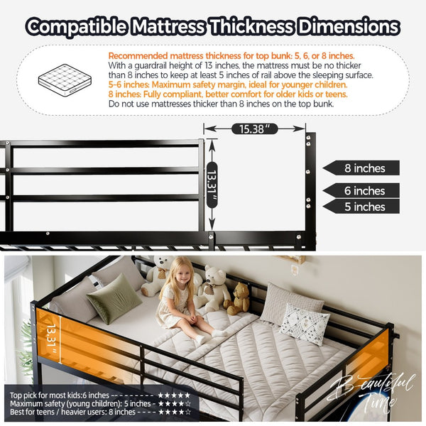 English Elm Bunk Bed Twin Over Iron Frame Convertible Kids Guest Room Matte Black W5635P492099