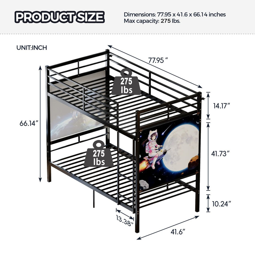 English Elm Bunk Bed Twin Over Iron Frame Convertible Kids Guest Room Matte Black W5635P492099