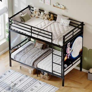 English Elm Bunk Bed Twin Over Iron Frame Convertible Kids Guest Room Matte Black W5635P492099