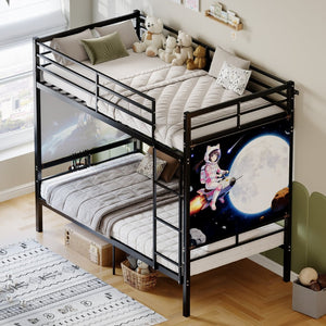 English Elm Bunk Bed Twin Over Iron Frame Convertible Kids Guest Room Matte Black W5635P492099