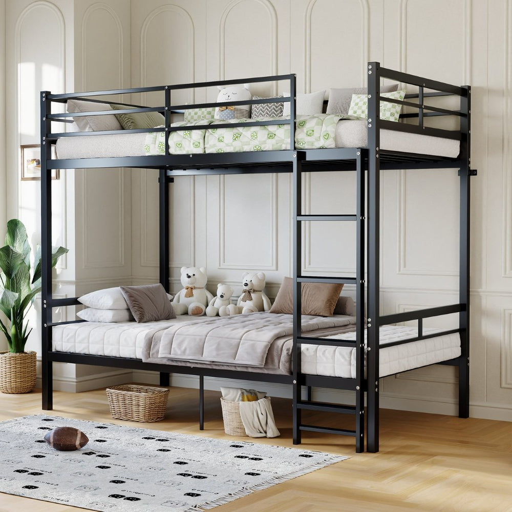 English Elm Bunk Bed Twin Over Matte Black Iron Frame with Guardrail and Storage Space W5635P497774