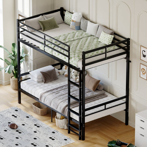 English Elm Bunk Bed Twin Over Matte Black Iron Frame with Guardrail and Storage Space W5635P497774