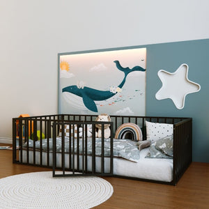 English Elm Twin Montessori Floor Bed for Kids with Steel Fence Door and Low Safe Guardrail Frame W5635P500134