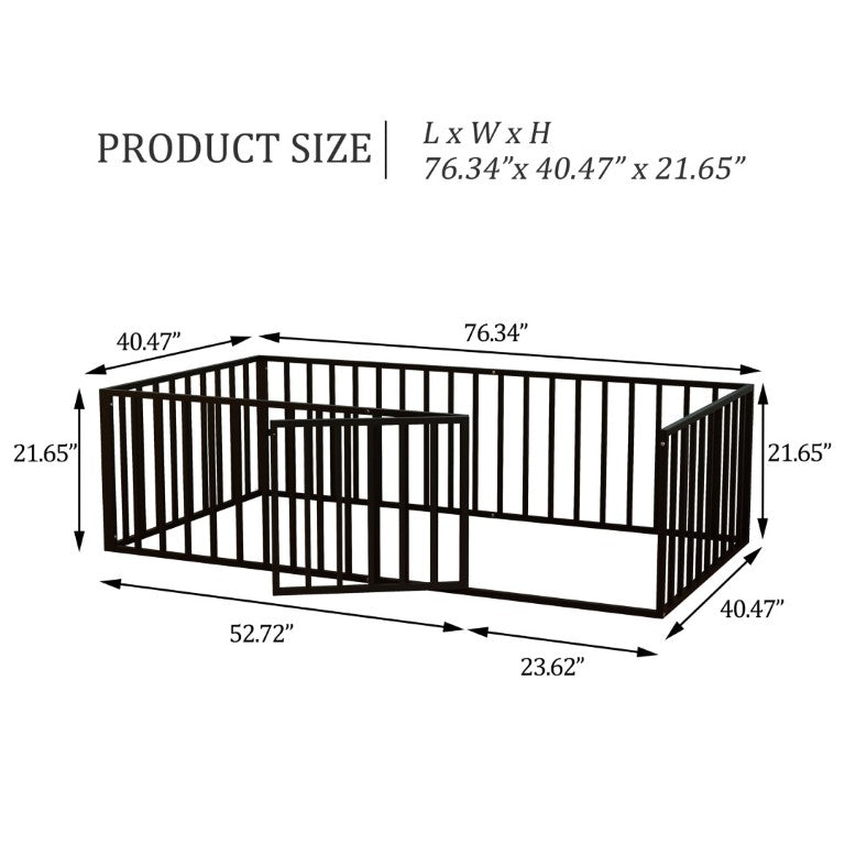 English Elm Twin Montessori Floor Bed for Kids with Steel Fence Door and Low Safe Guardrail Frame W5635P500134