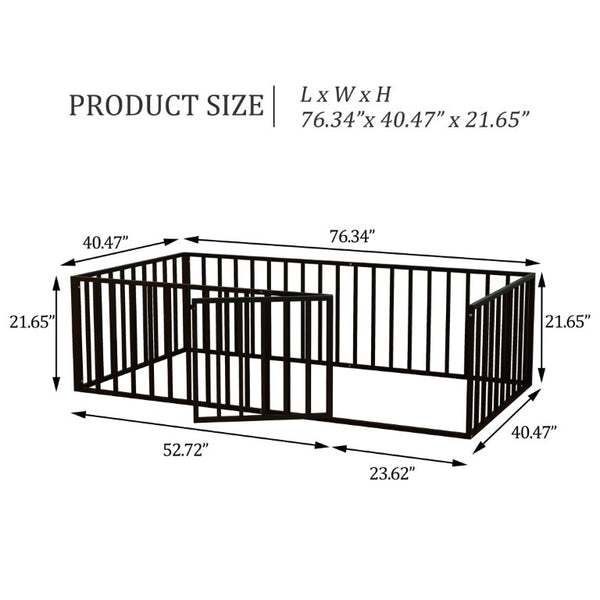 English Elm Twin Montessori Floor Bed for Kids with Steel Fence Door and Low Safe Guardrail Frame W5635P500134
