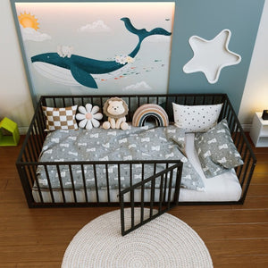 English Elm Twin Montessori Floor Bed for Kids with Steel Fence Door and Low Safe Guardrail Frame W5635P500134