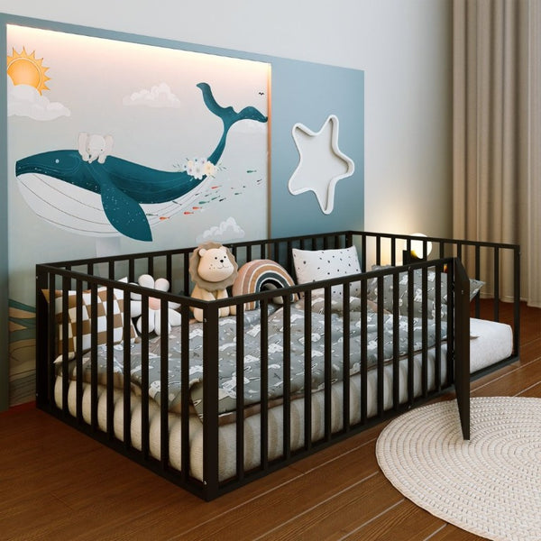 English Elm Twin Montessori Floor Bed for Kids with Steel Fence Door and Low Safe Guardrail Frame W5635P500134