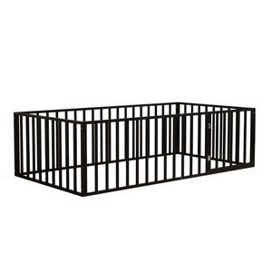 English Elm Twin Montessori Floor Bed for Kids with Steel Fence Door and Low Safe Guardrail Frame W5635P500134