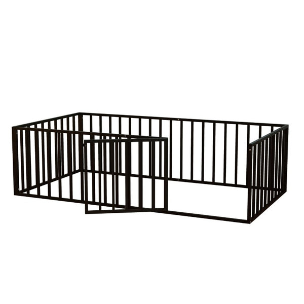 English Elm Twin Montessori Floor Bed for Kids with Steel Fence Door and Low Safe Guardrail Frame W5635P500134