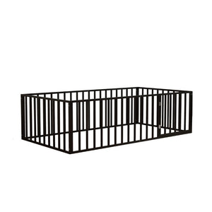 English Elm Twin Montessori Floor Bed for Kids with Steel Fence Door and Low Safe Guardrail Frame W5635P500134