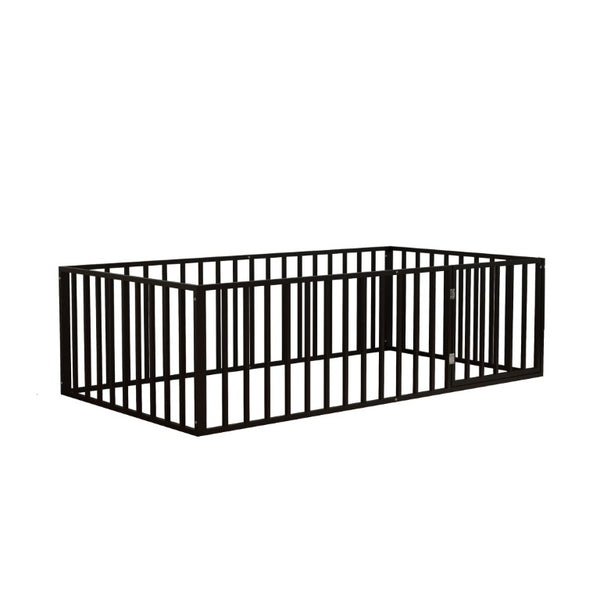 English Elm Twin Montessori Floor Bed for Kids with Steel Fence Door and Low Safe Guardrail Frame W5635P500134