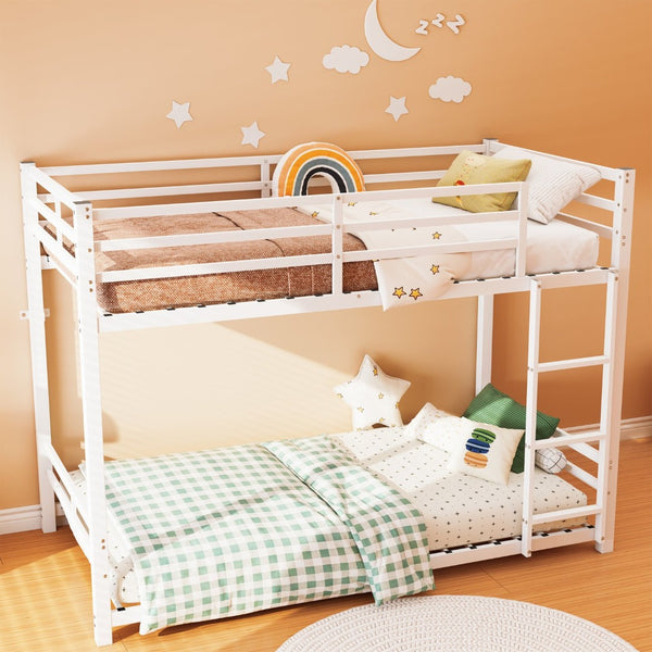 English Elm Bunk Bed Twin Over Iron Frame with Full Guardrail Ladder and Under Bed Storage W5635P500680