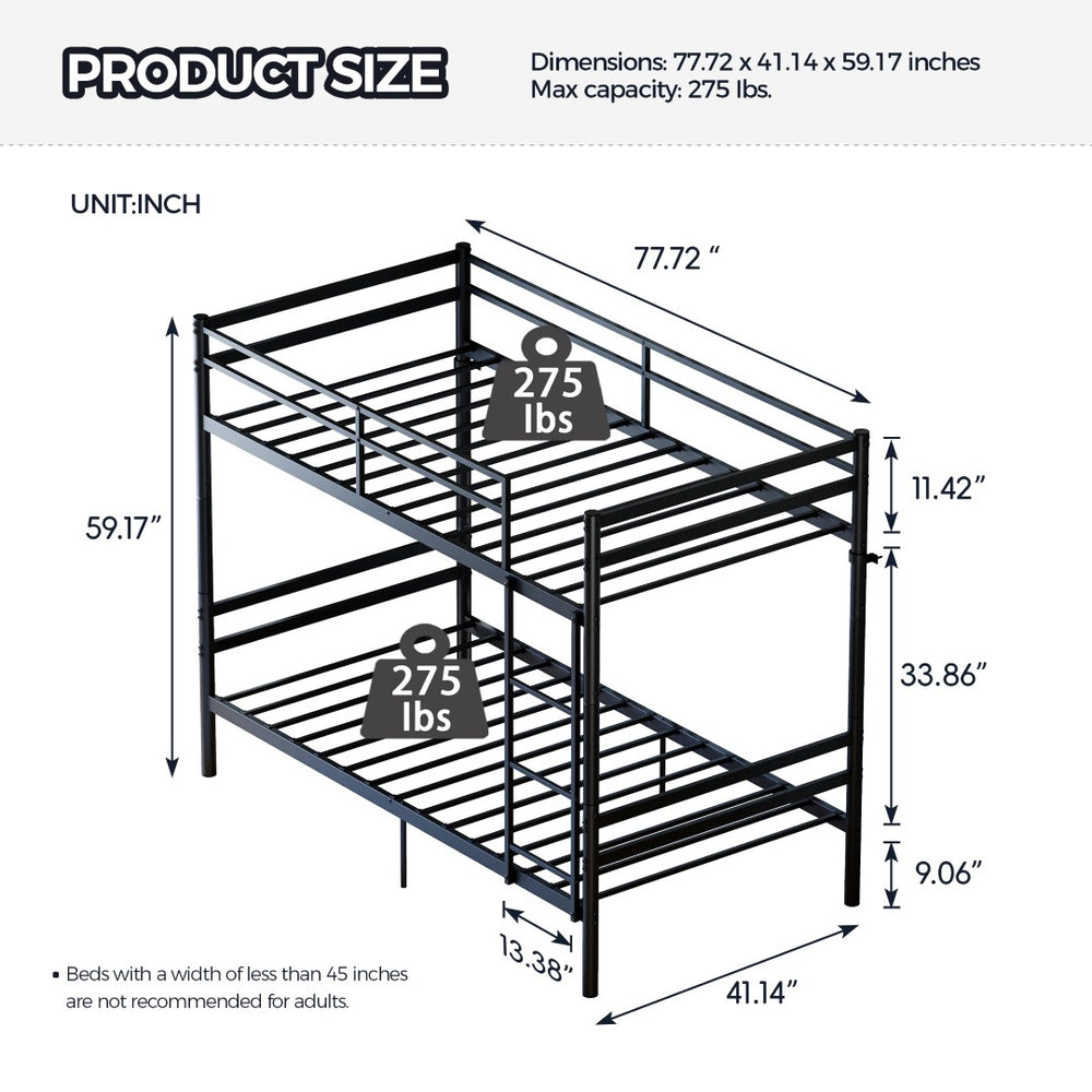 English Elm Bunk Bed Twin Over Iron Frame with Guardrail Ladder Noise Free Matte Black W5635P501643