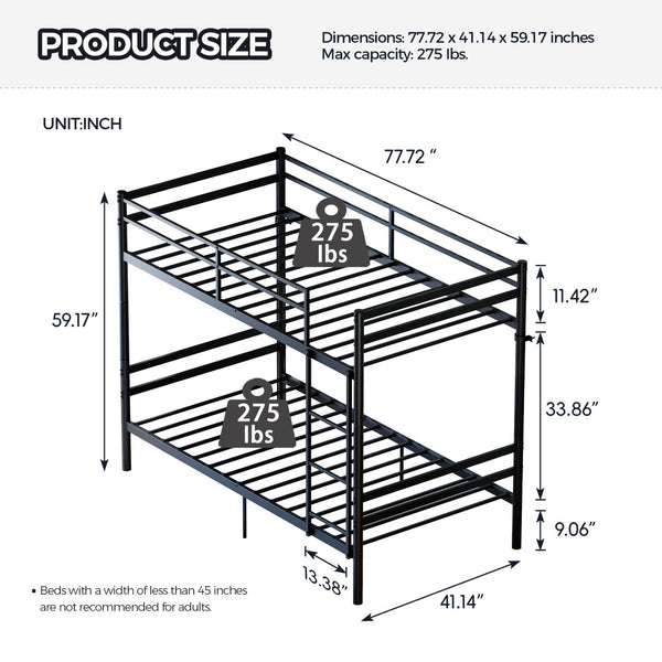English Elm Bunk Bed Twin Over Iron Frame with Guardrail Ladder Noise Free Matte Black W5635P501643
