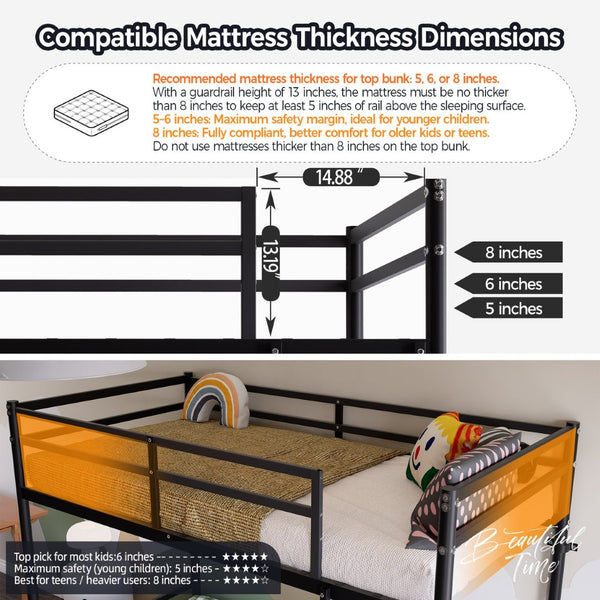 English Elm Bunk Bed Twin Over Iron Frame Full Guardrail Noise Free Kids Sleep Space W5635P501672