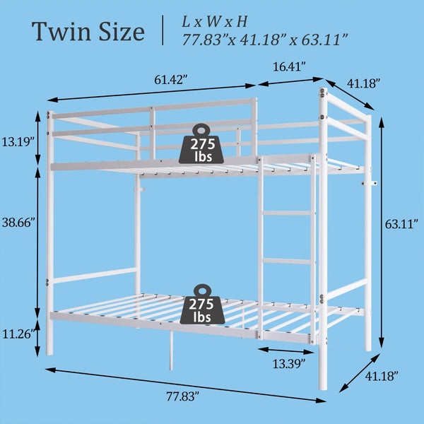 English Elm Bunk Bed Twin Over Iron Frame with Full Guardrail Ladder Kids Room Space Saver W5635P502205