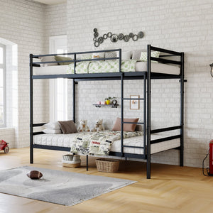 English Elm Bunk Bed Twin Over Matte Black Iron Frame with Full Guardrail and Built in Slats W5635P502449