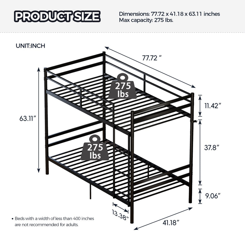 English Elm Bunk Bed Twin Over Matte Black Iron Frame with Full Guardrail and Built in Slats W5635P502449