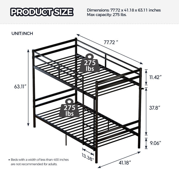 English Elm Bunk Bed Twin Over Matte Black Iron Frame with Full Guardrail and Built in Slats W5635P502449