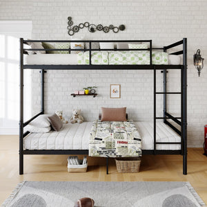 English Elm Bunk Bed Twin Over Matte Black Iron Frame with Full Guardrail and Built in Slats W5635P502449