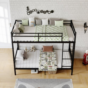 English Elm Bunk Bed Twin Over Matte Black Iron Frame with Full Guardrail and Built in Slats W5635P502449