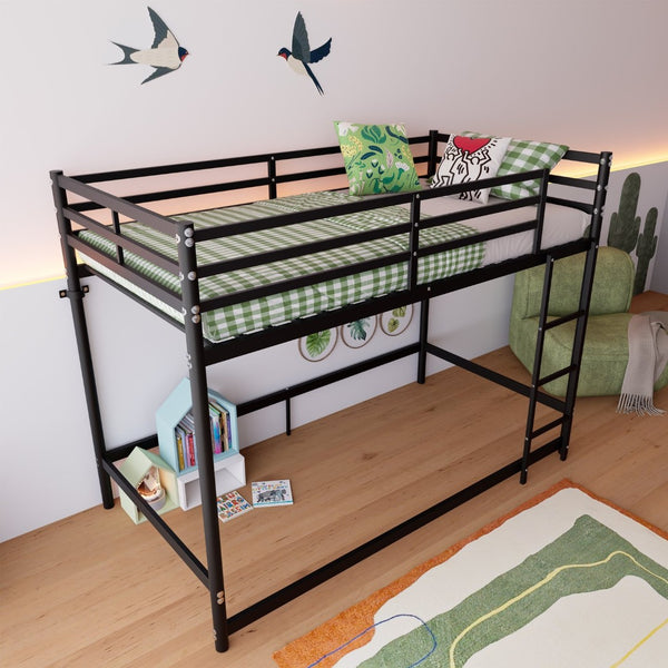 English Elm Bunk Bed Twin Over Iron Frame with Guardrail Ladder and Matte Black Finish W5635P502578