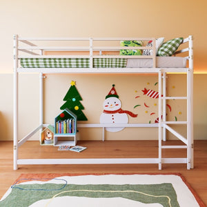 English Elm Bunk Bed Twin Over White Iron Frame with Lattice Guardrail and Angled Ladder W5635P502580