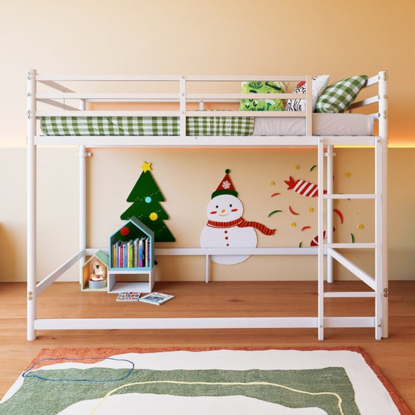 English Elm Bunk Bed Twin Over White Iron Frame with Lattice Guardrail and Angled Ladder W5635P502580