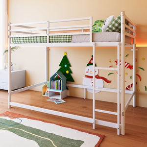 English Elm Bunk Bed Twin Over White Iron Frame with Lattice Guardrail and Angled Ladder W5635P502580