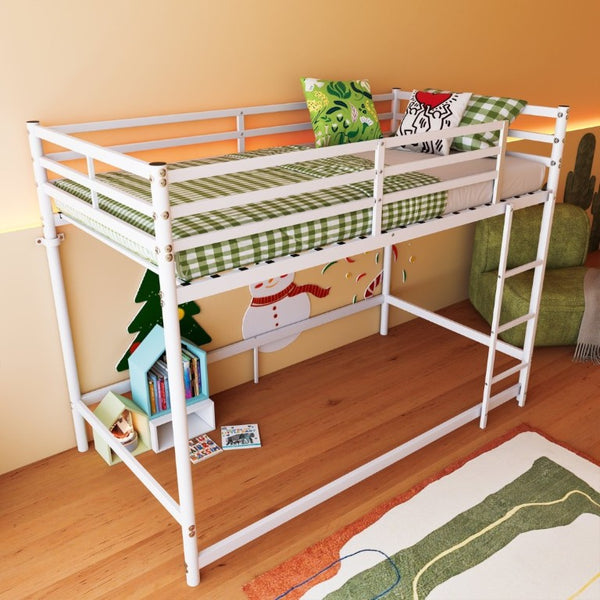 English Elm Bunk Bed Twin Over White Iron Frame with Lattice Guardrail and Angled Ladder W5635P502580