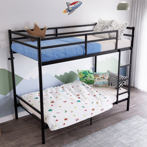 English Elm Bunk Bed Twin Over Iron Frame with Full Guardrail Ladder Matte Black Kids Room W5635P503141