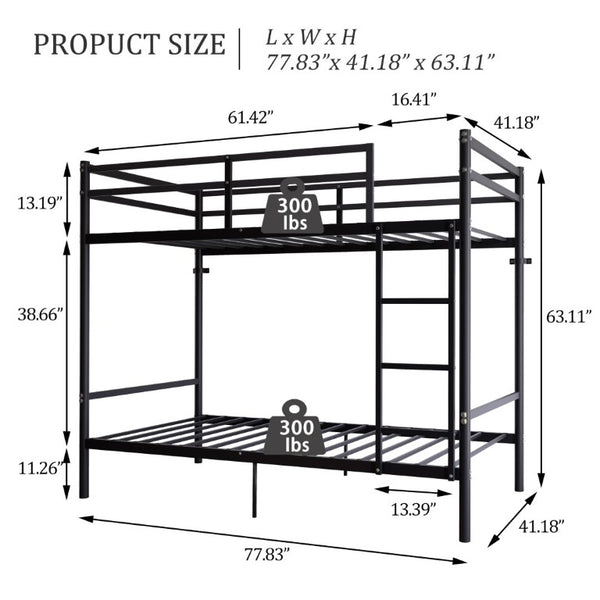 English Elm Bunk Bed Twin Over Iron Frame with Full Guardrail Ladder Matte Black Kids Room W5635P503141